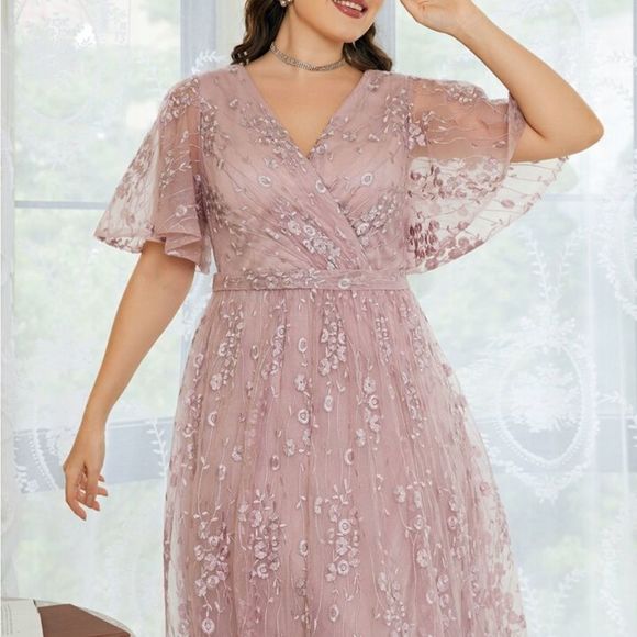 Plus Floral Embroidered Flutter Sleeve Overlap Collar Mesh Bridesmaid Dress nwt - Picture 5 of 6